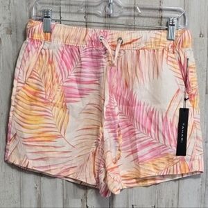Tahari Pink Orange Tropical 100 Lux Linen Pull On Drawstring Shorts Size Small
